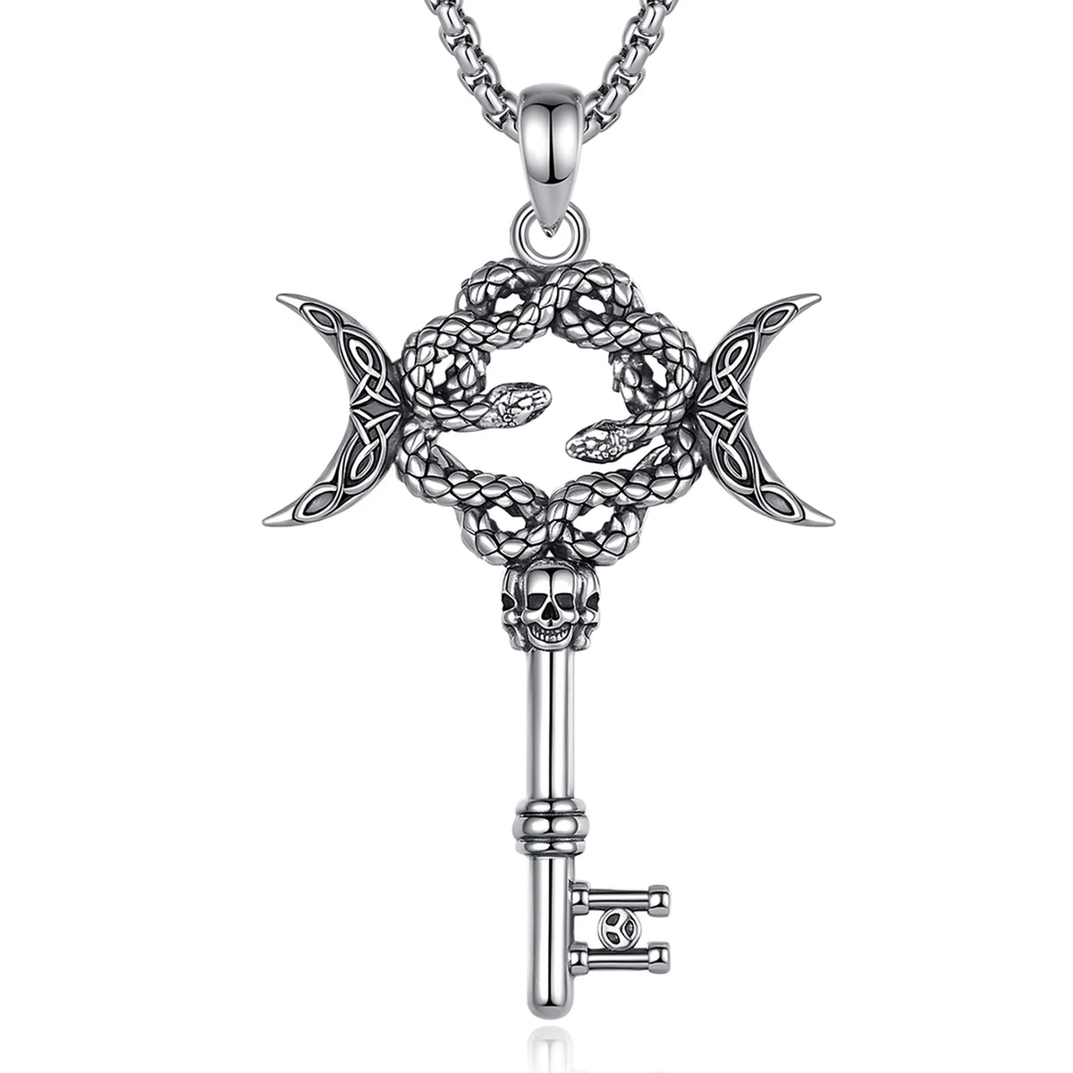 AEONSLOVE Silver Hecate Snake Key Necklace Triple Moon Goddess Pendant Witch Amulet Spiritual Jewelry for Women