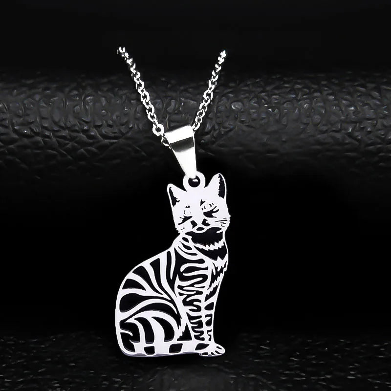 Cat Silver Statement Pendant Necklace — Stainless Steel