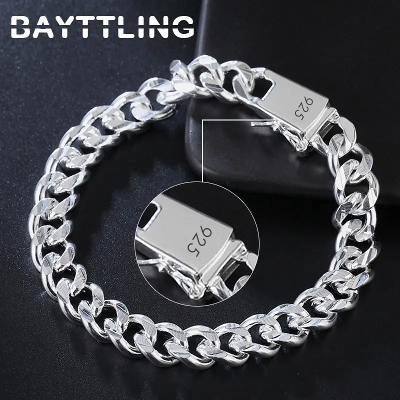 BAYTTLING 925 Sterling Silver 10MM 8 inch Cuban Chain Bracelet For Men Women Fashion Engagement Party Jewelry Bracelets