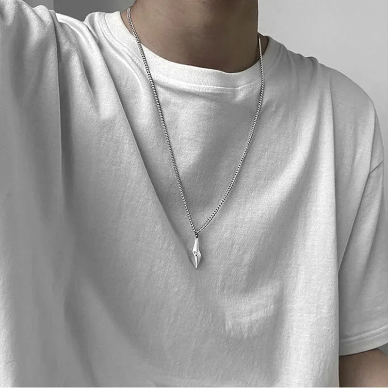 3D Thunder Lighting Pendant Necklace for Men Women Stainless Steel Neck Chains Geometric Rhombic Charm Hip Hop Sweater Necklace