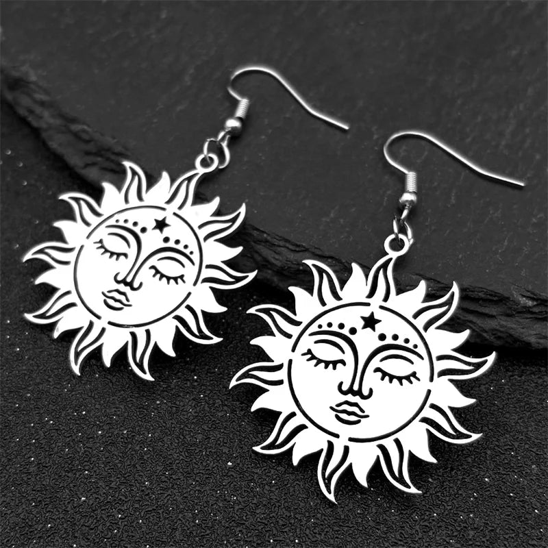 Star Moon Silver Earrings Gothic Sun Face Pentagram