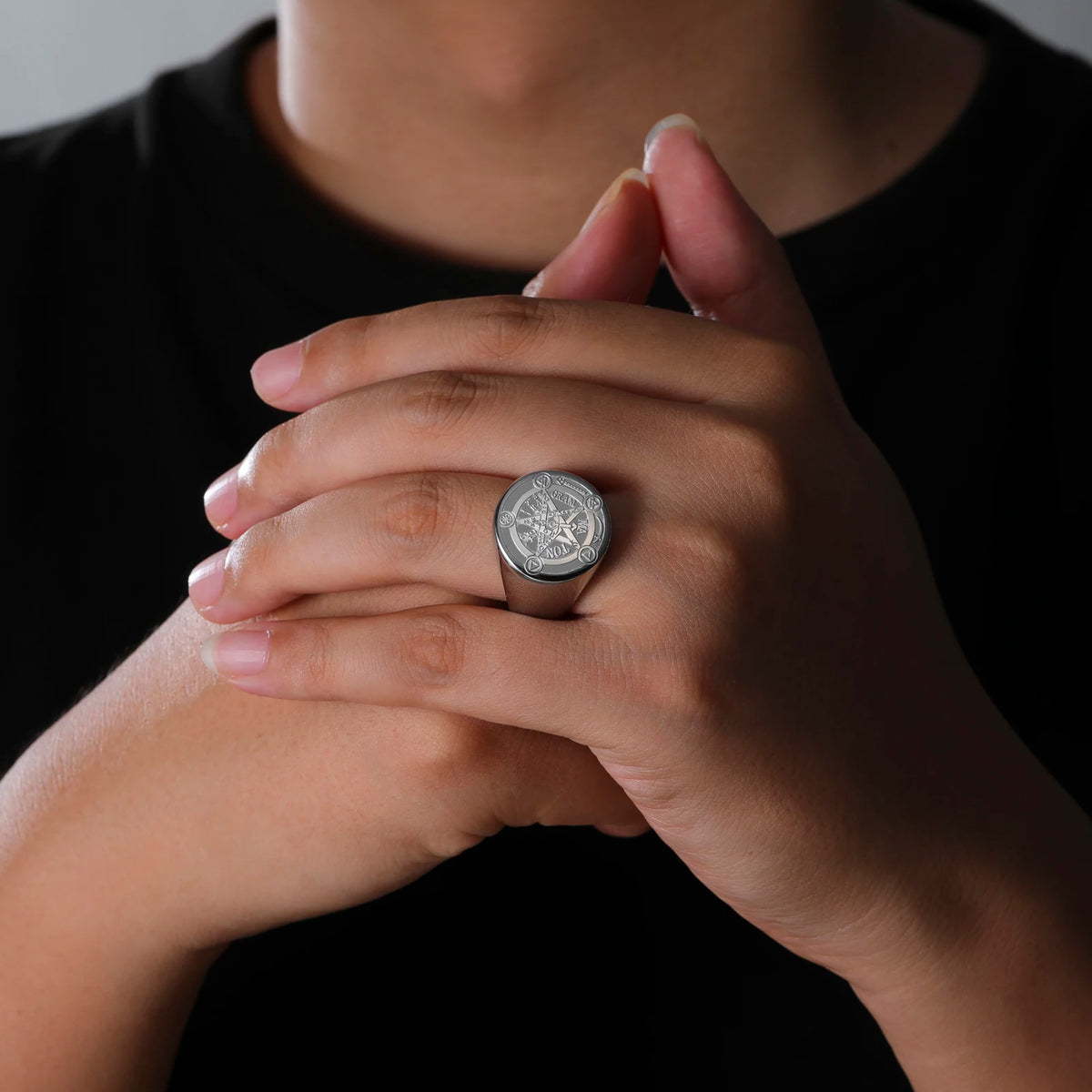 Kkjoy Stainless Steel Solomon Pentagram Magic Rune Signet Ring Vintage Occult Symbol Band Mens Jewelry Gift For Occult
