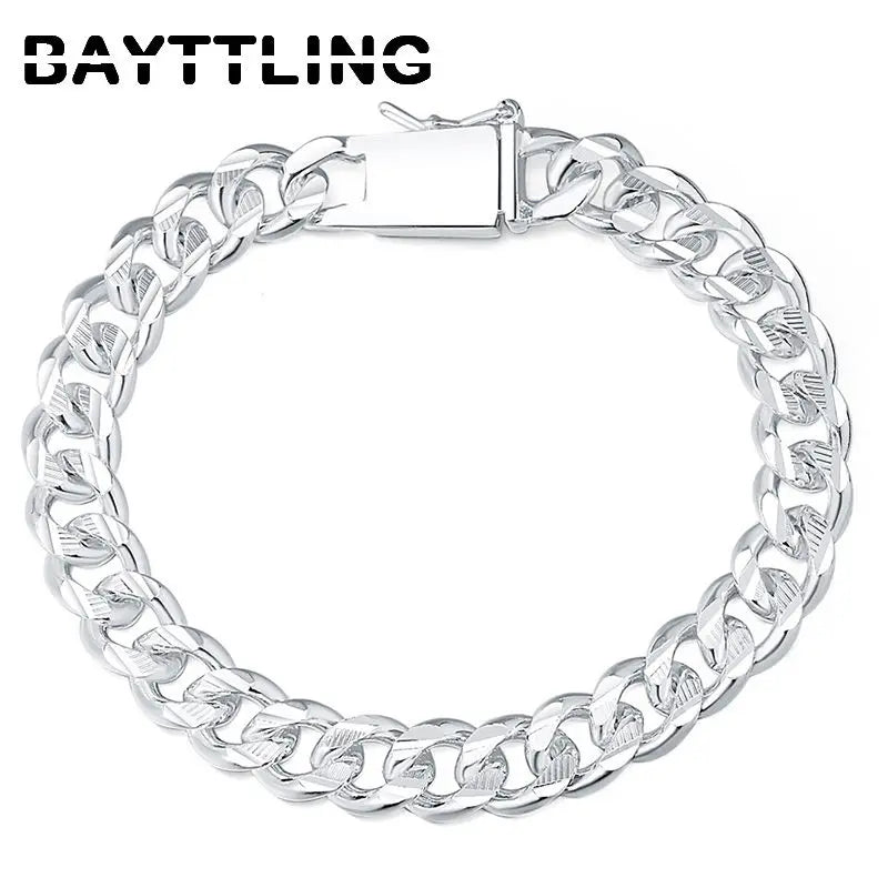BAYTTLING 925 Sterling Silver 10MM 8 inch Cuban Chain Bracelet For Men Women Fashion Engagement Party Jewelry Bracelets