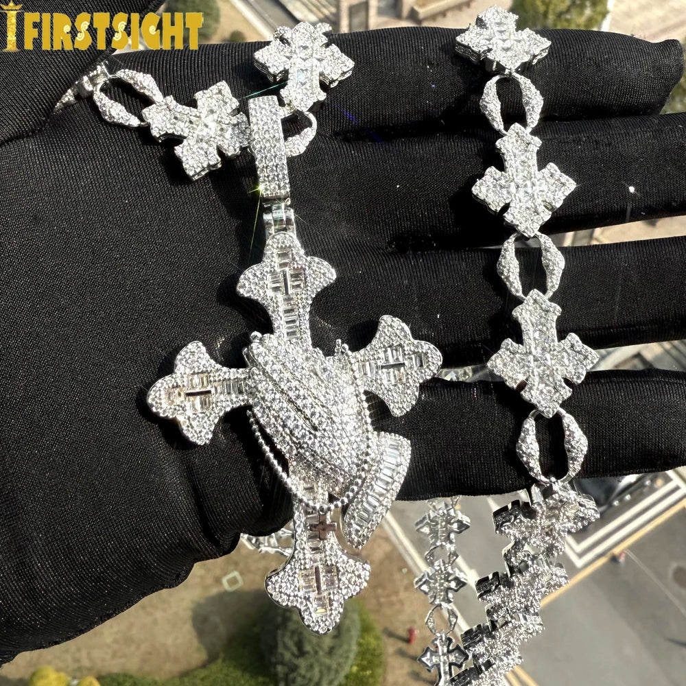 2025 New Iced Out Cross Pendant Necklace for Men Women Bling Silver Color Cubic Zirconia Cross Cuban Chain Hip Hop