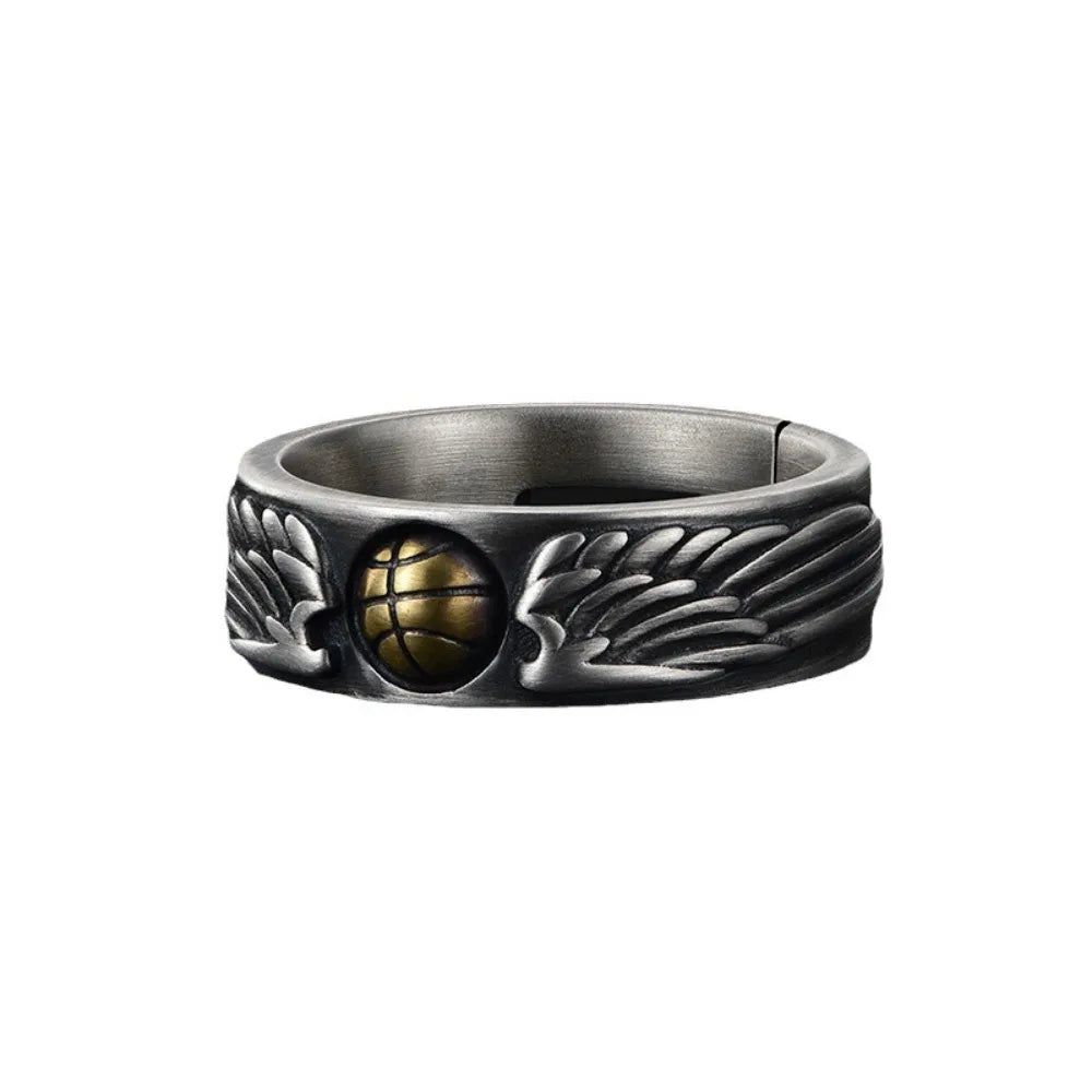 Vintage Personalized Creative Basketball Ring Men's Open Ring Rock Hip Hop Ring Pendant Trend Couple Gothic Niche