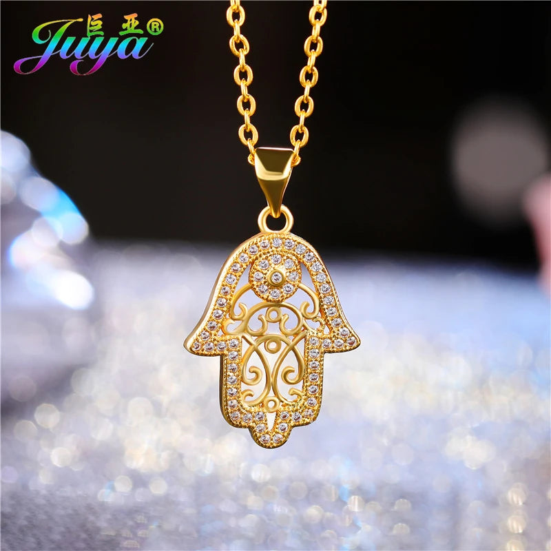 Iced Evil Eye Hamsa Pendant Necklace — Gold-Tone