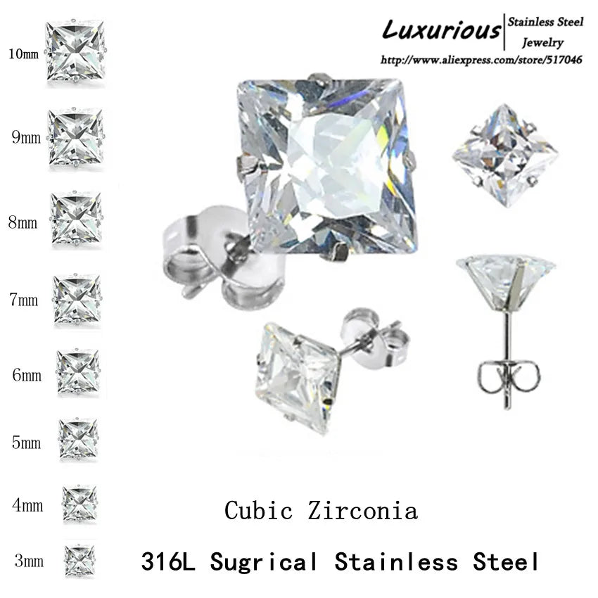 LUXUKISSKIDS Brilliant Square Stud Earrings 10pairs/Lot Novel Clearly Large 3A Cubic Zirconia Stainless Steel Wholesale