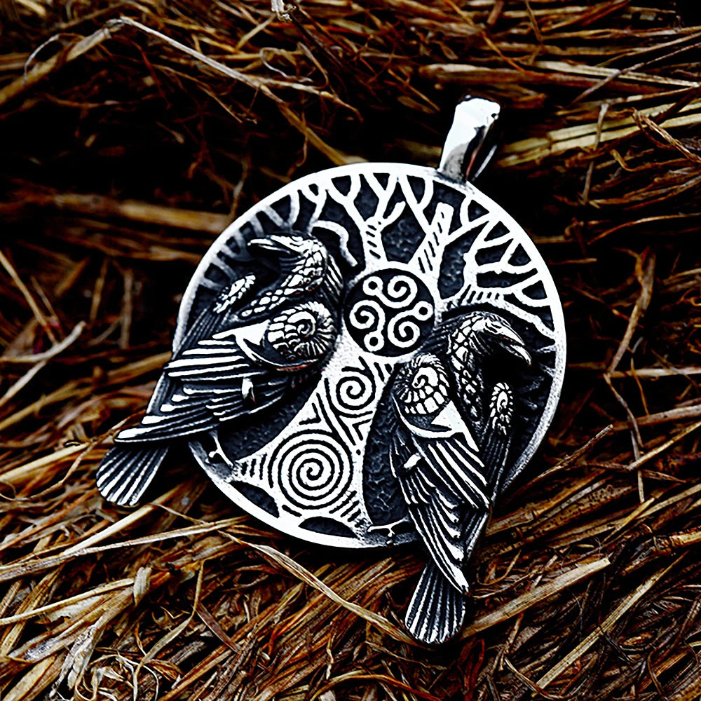 Fashion Vintage Viking Odin Double Ravens Necklace Stainless Steel Nordic Tree of Life Pendant for Men Amulet Jewelry Wholesale