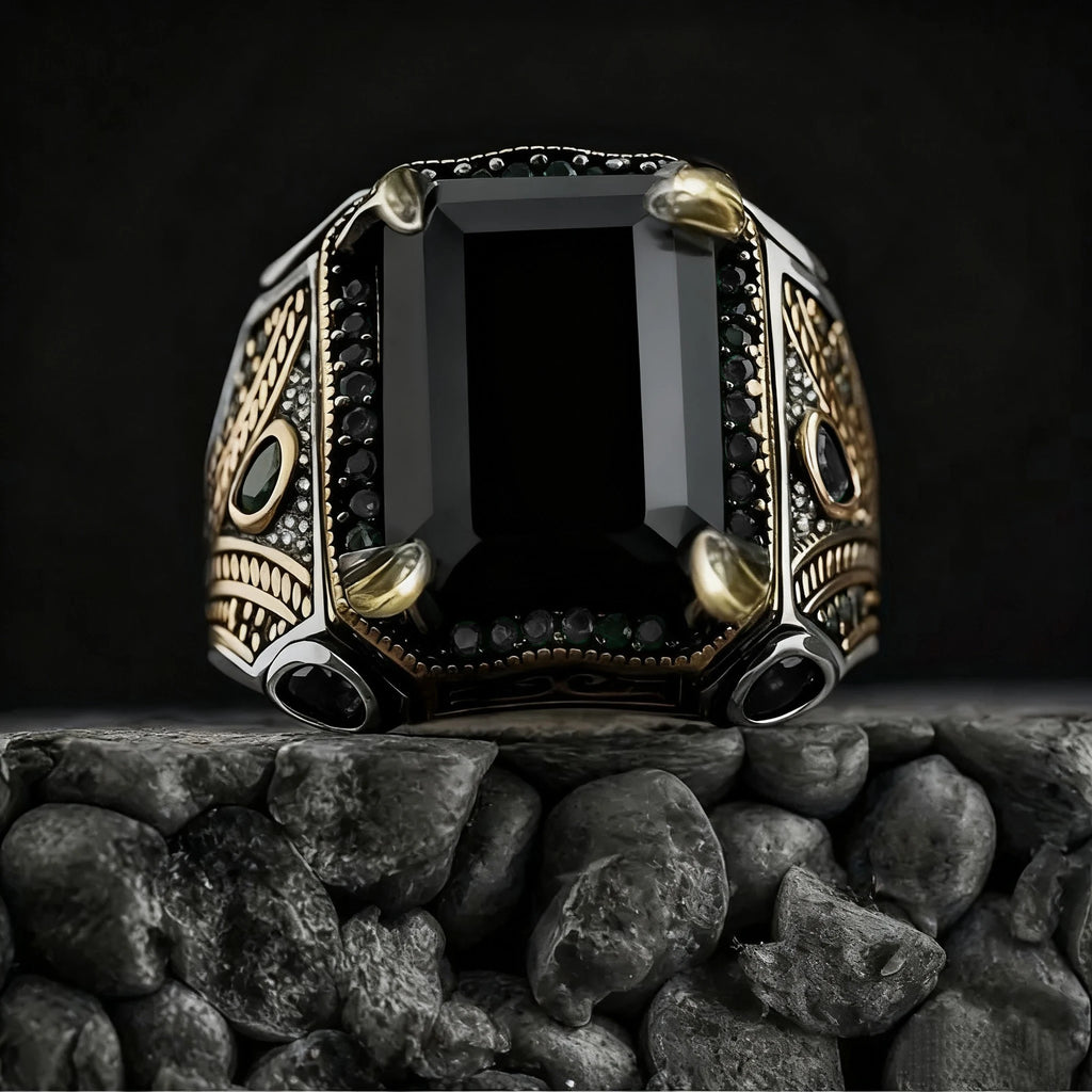 Turkish Eagle Signet Ring, Black Zircon — Zinc Alloy