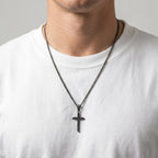 Wood Textured Cross Necklace for Men — Stainless Steel Chain