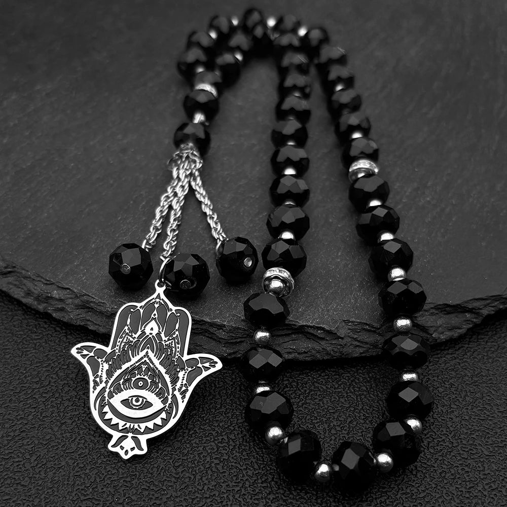 Hamsa Hand Evil Eye Lotus Pendant Necklace — Gold-Tone Steel