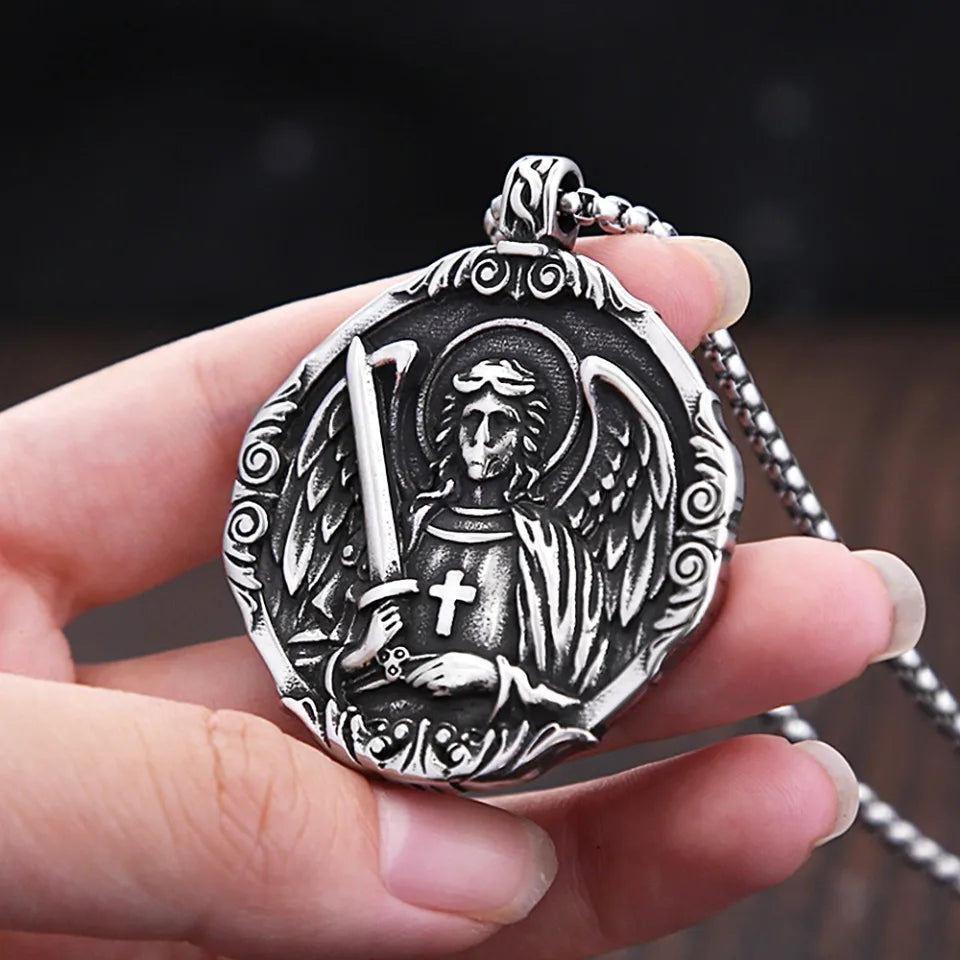 New Vintage Saint Michael Angel Pendant Necklaces Stainless Steel  Punk Motorcycle Amulet Angel Necklace For Men Fashion Jewelry