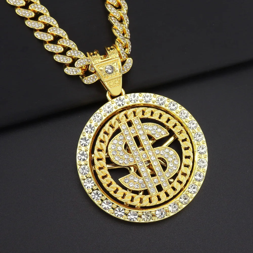 Men Hip Hop Big Rotatable US Dollar Money Sign Pendant Necklace 13mm Iced out Cuban Chain Choker Necklace Rap Rock