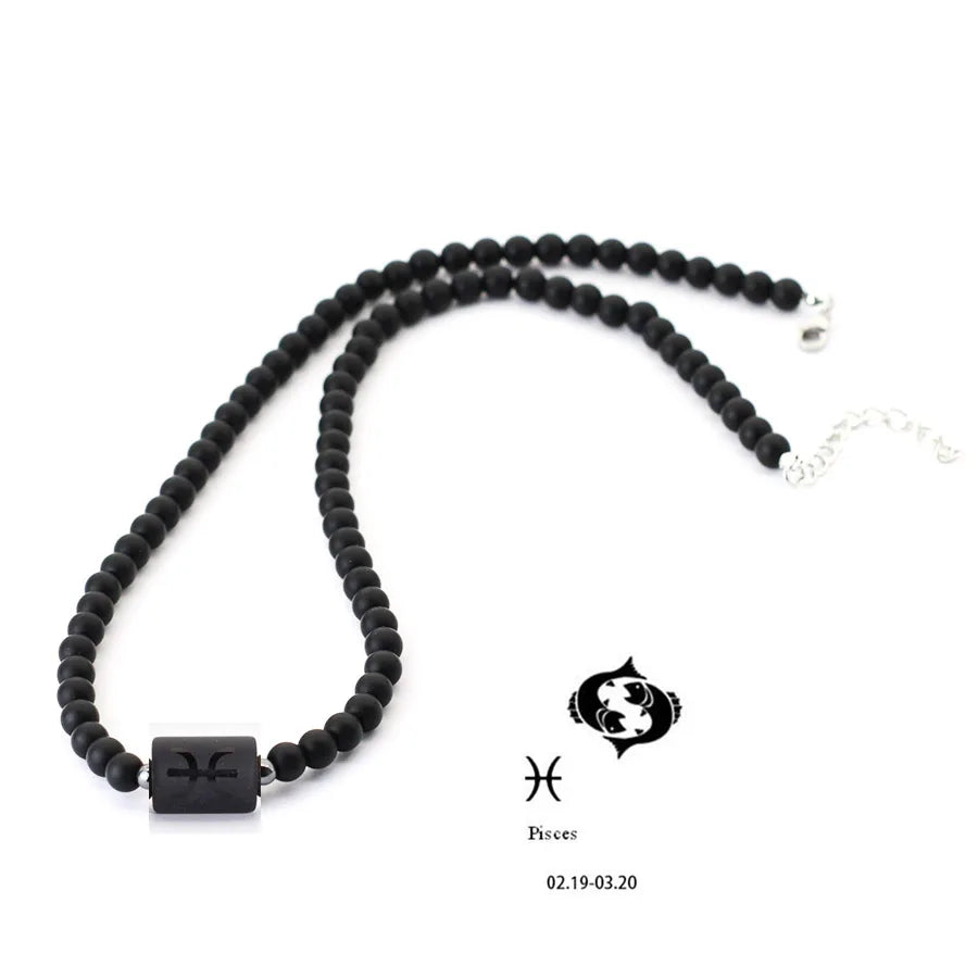 Fashion 12 Constellations Beaded Necklace Men Natural Black Onyx Stone Beads 48cm Short Collar Jewelry Leisure Party Homme Joias