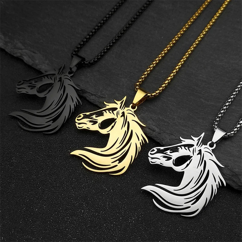 Black Horse Head Pendant Necklace — Stainless Steel