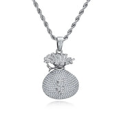 Moissanite Iced Out Money Bag Pendant — Silver-Tone