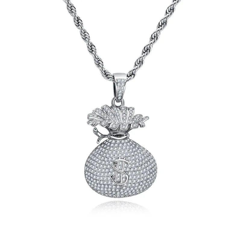 Iced Out Money Bag Pendant — 925 Silver