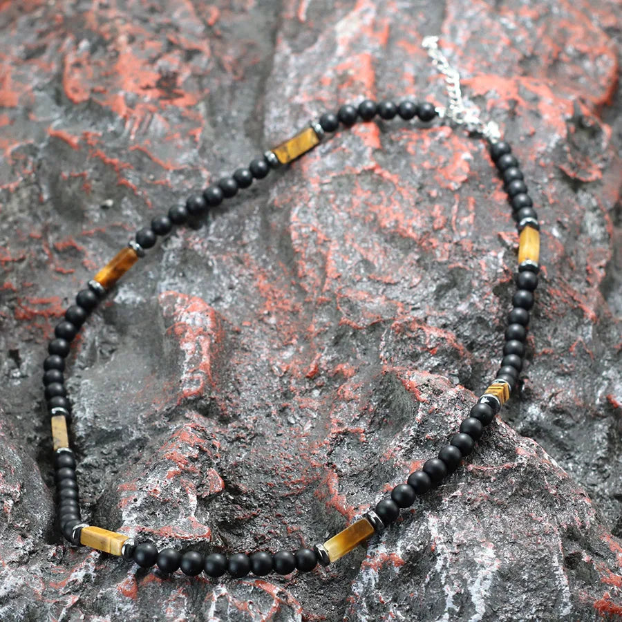 Unique Natural Stone Necklace For Men 19 Inches Short Choker Stainless Steel Buckle Square Tiger Eyes Beads Cycling Accessories