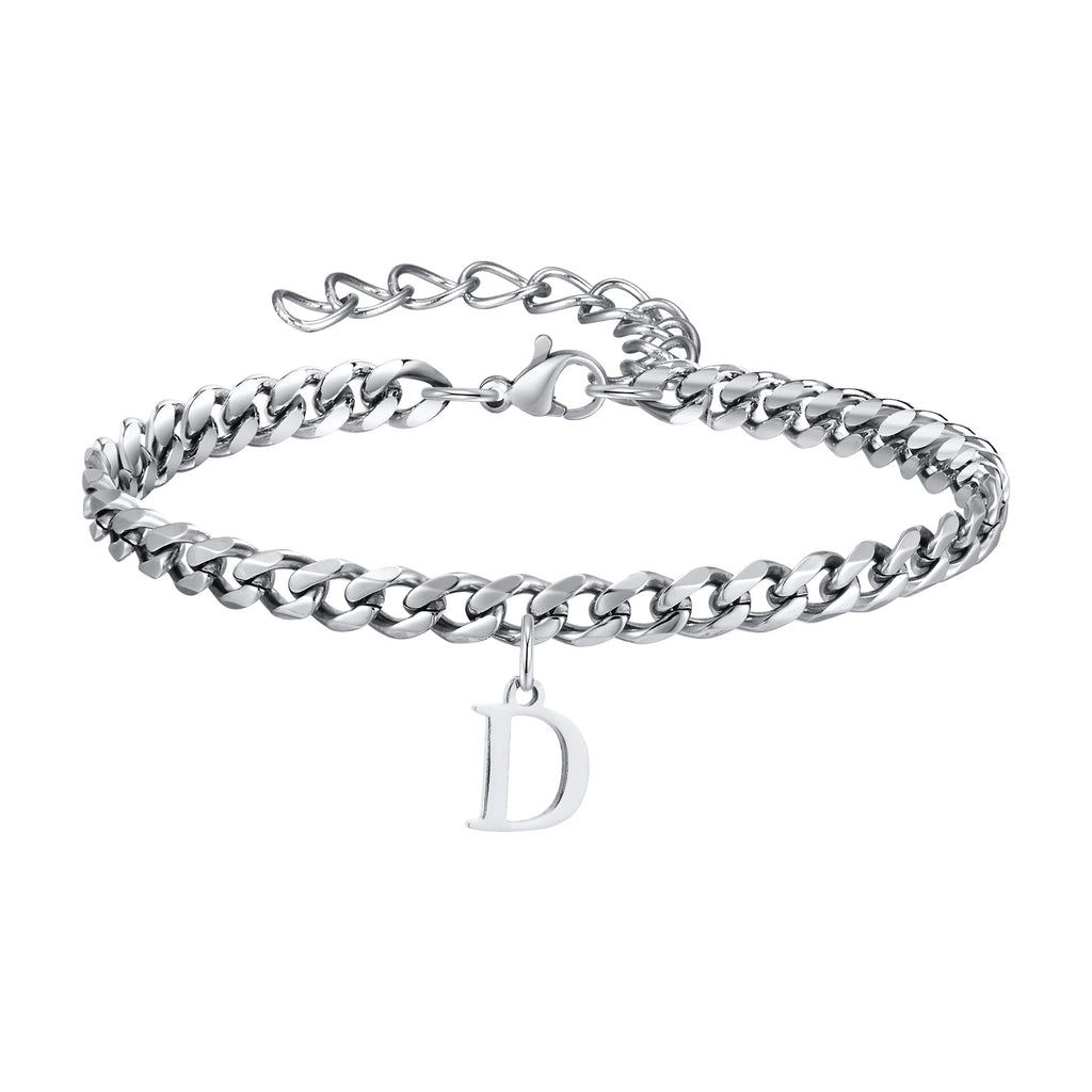 Vnox A-Z Initial Bracelets for Men Women, Never Fade Silver Color Stainless Steel Cuban Chain Bracelet with 26 Letter