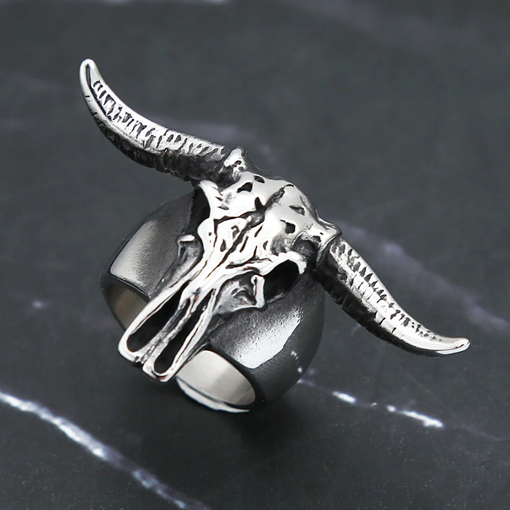 Men Gothic 316L Stainless Steel Bull Skull Ring Punk Rock Biker Bull Head Animal Ring Cool Fashion Jewelry Gift Drop