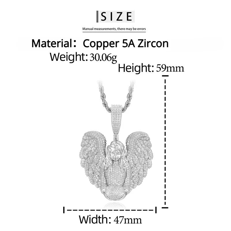 TUHE Copper Angel Wing Pendant Necklace Full Iced Out Cubic Zirconia Hip Hop Jewelry For Men Women Party Gift