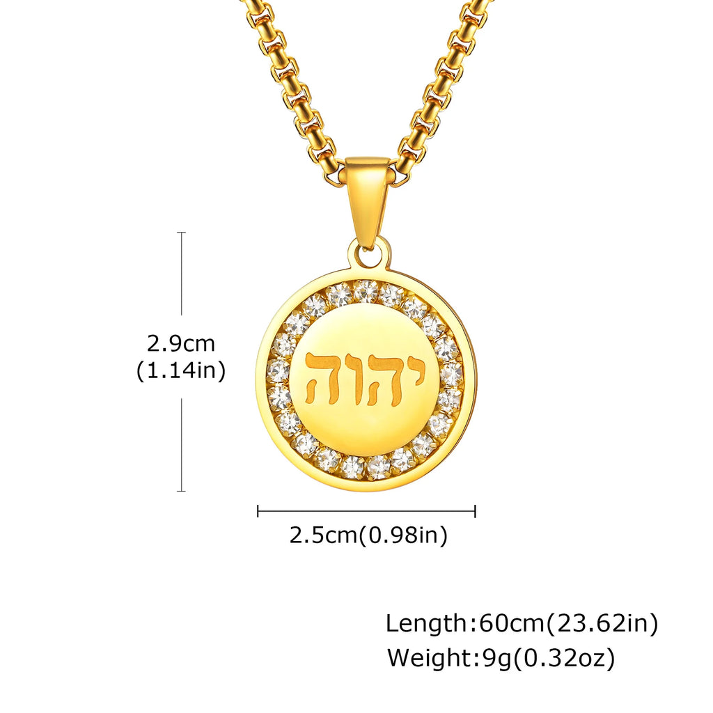 Hebrew Zircon Round Pendant — Stainless