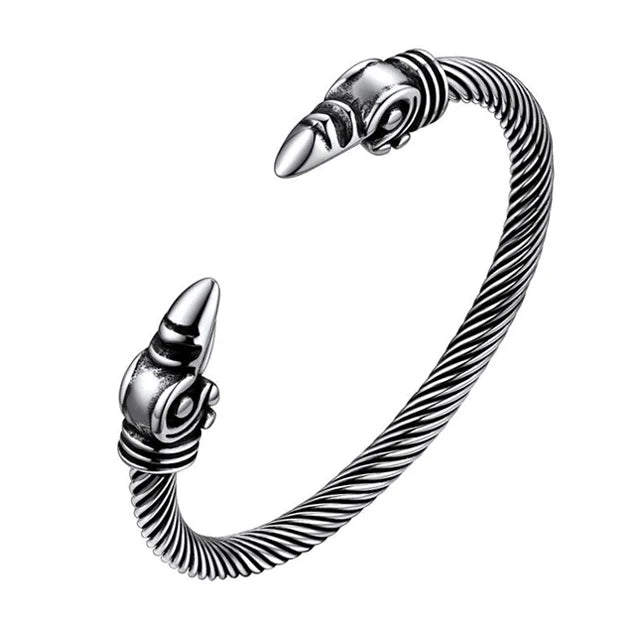 U7 Stainless Steel 6mm Wide Twristed Cable Open Bangle Cuff for Man Skull Dragon Long Charm End Rock Gothic Punk Jewelry Gift