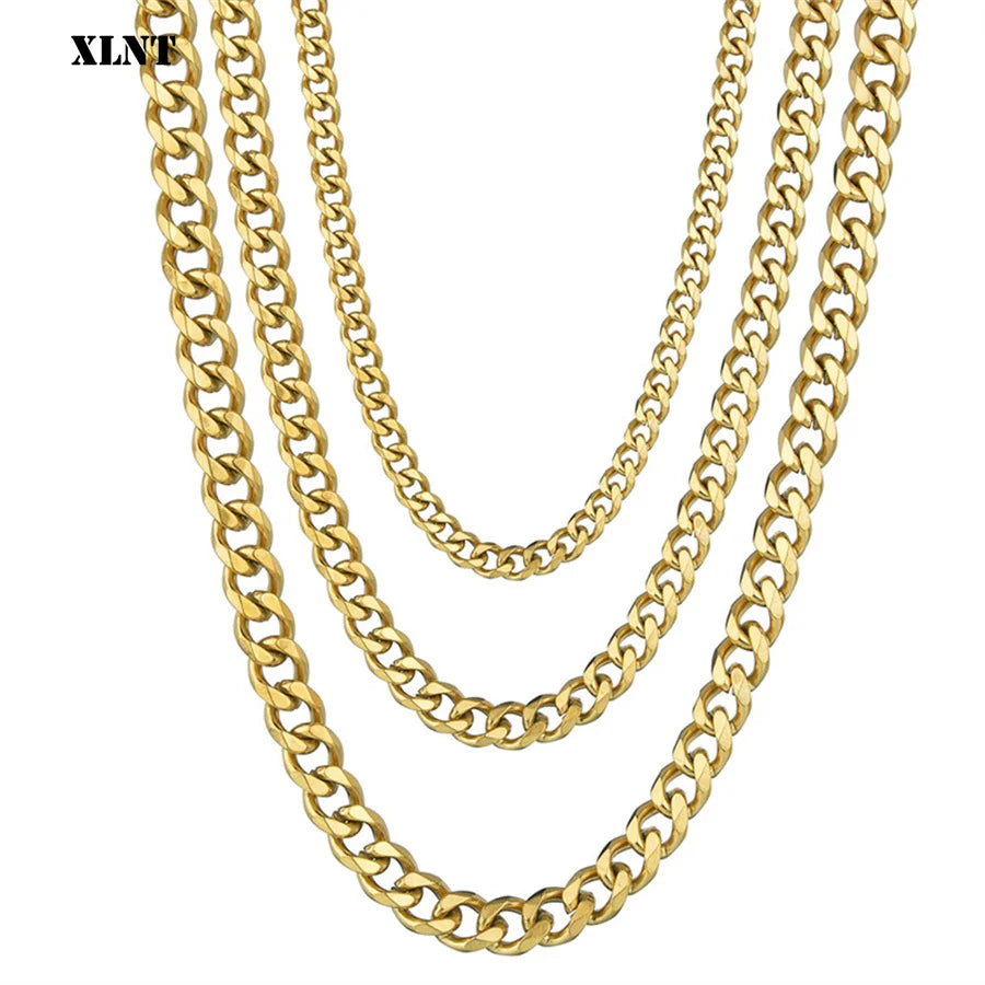 3/5/7/9/11mm Men's Silver Color Necklace Stainless Steel Cuban Link Chain for Mens Womens Basic Black Gold Tone Chokers