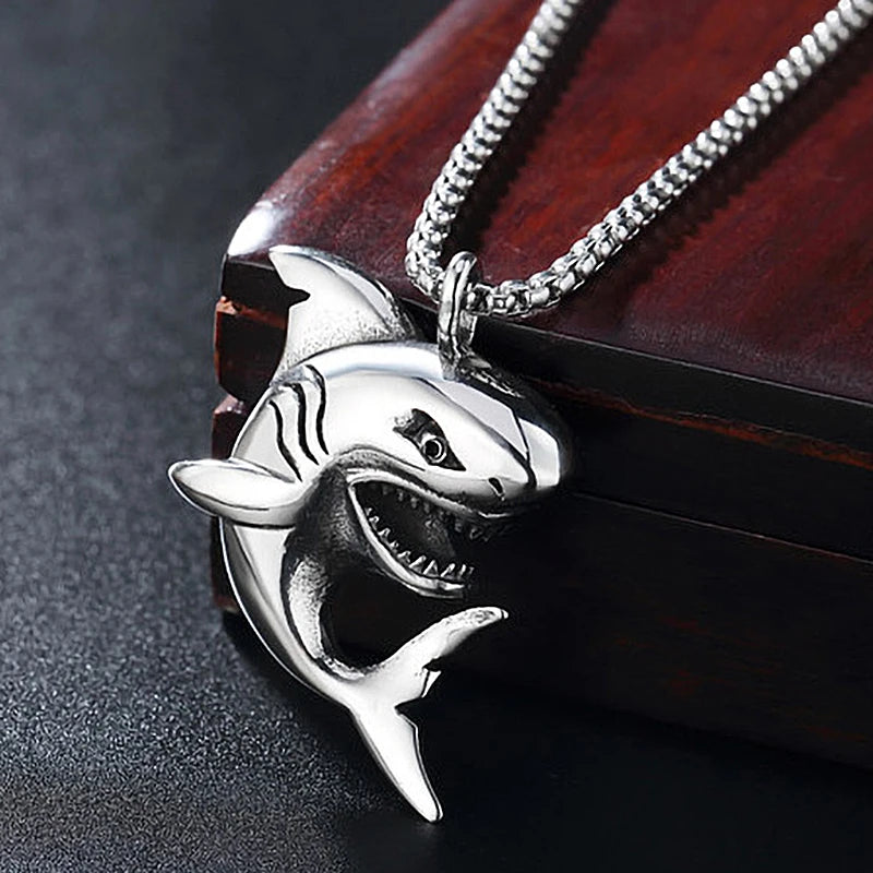 Silver Shark Pendant Necklace Stainless Steel