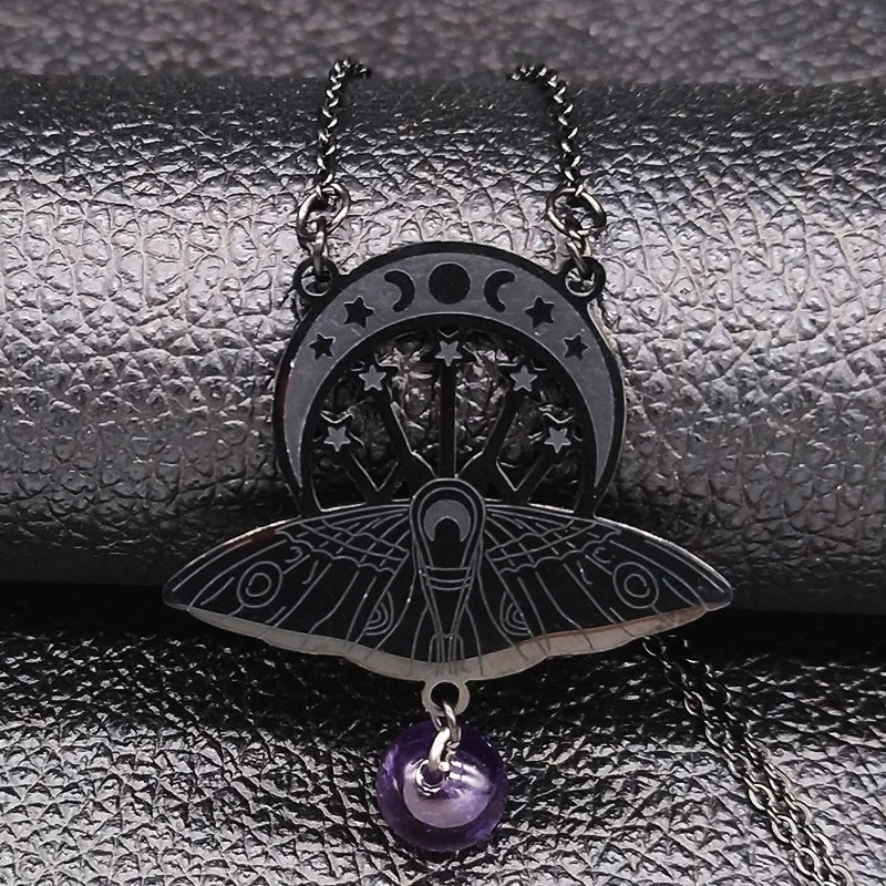 Bat Witchcraft Triple Moon Goddess Necklace Stainless Steel Women Silver Color Moth Necklace Jewerly Collar Mujer N3059S02