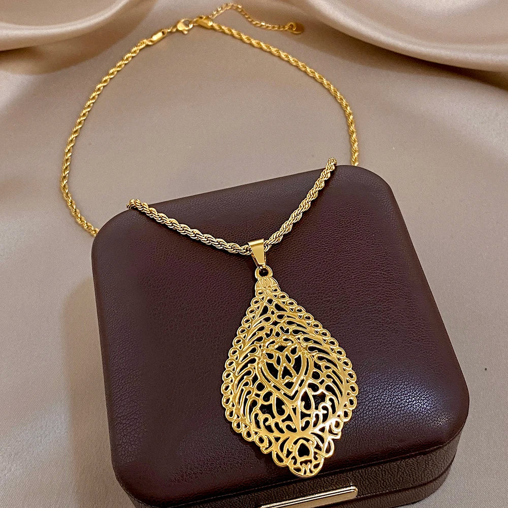 Greatera Vintage Embossment Teardrop Pendant Necklace For Women Men Chic Hollow Artistic Design Stainless Steel Jewelry Party