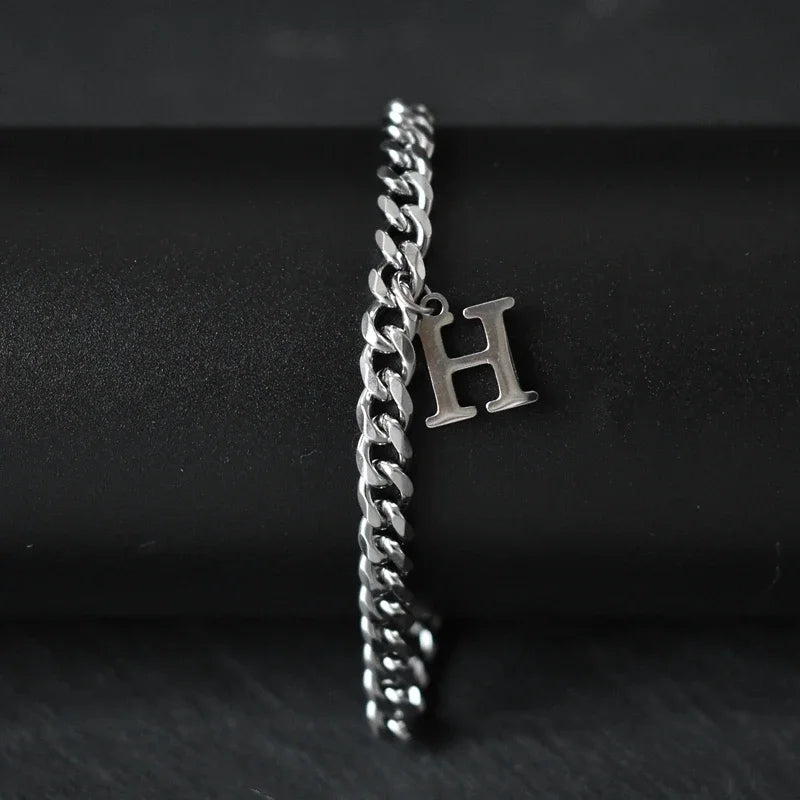 A-Z Initial Letter Cuban Chain Bracelet — Stainless Steel
