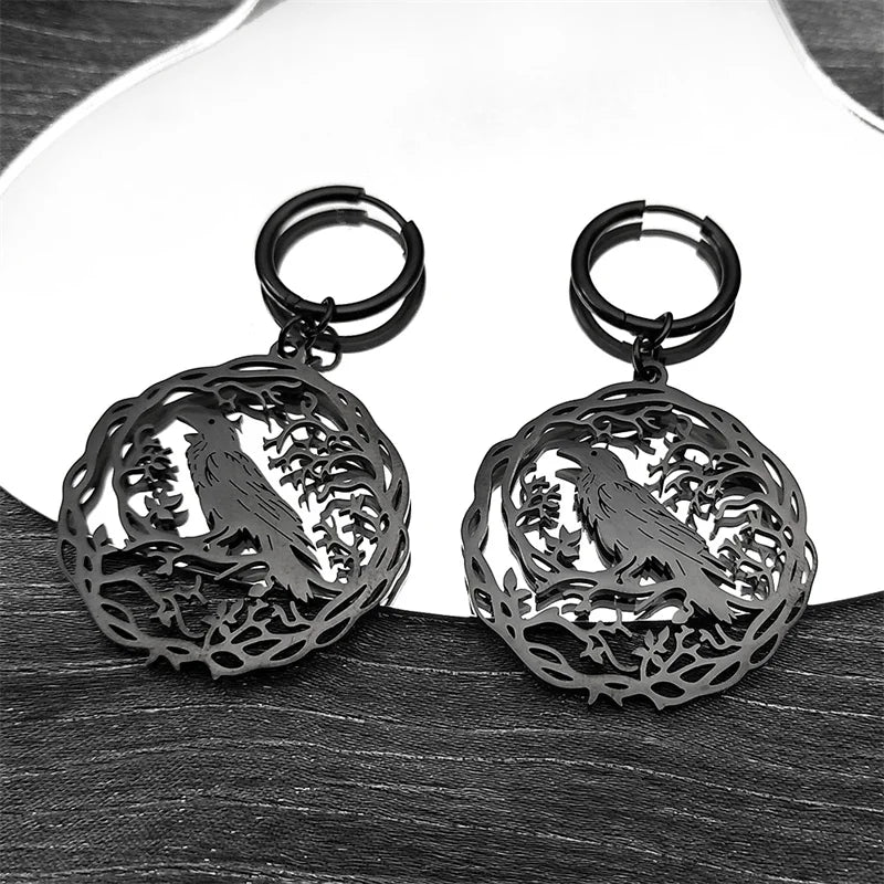 Tree Of Life Steel Earrings Gothic Crow Bird Dangle