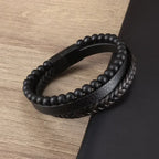 Vintage Punk Hand Woven Three Layer Leather Black Beaded Bracelet Magnetic Bracelet Clasp Men\\'s Charm Business Event Jewelry