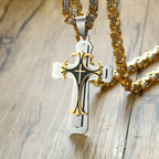 Rock Cross Necklace for Men,Gold Color Stainless Steel Stylish Byzantine Chain,Catholic Crucifix Pendant Collar Jewelry