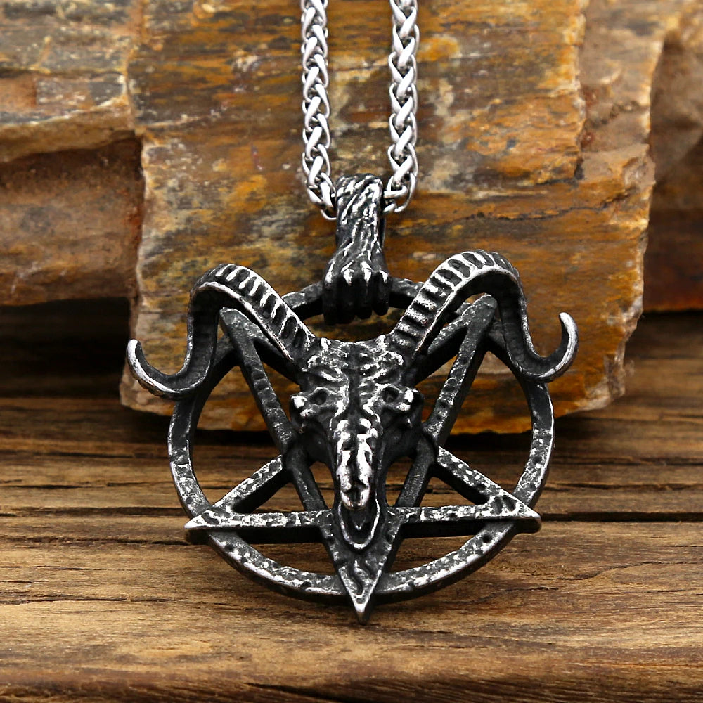 Gothic Punk Demon Sheep Skull Pendant Stainless Steel Pentagram Necklace For Men Women Unique Amulet Jewelry Gift