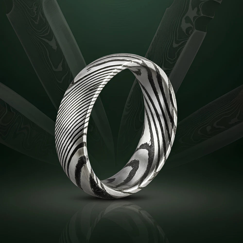 Damascus Steel CZ Band Ring — Stainless Steel
