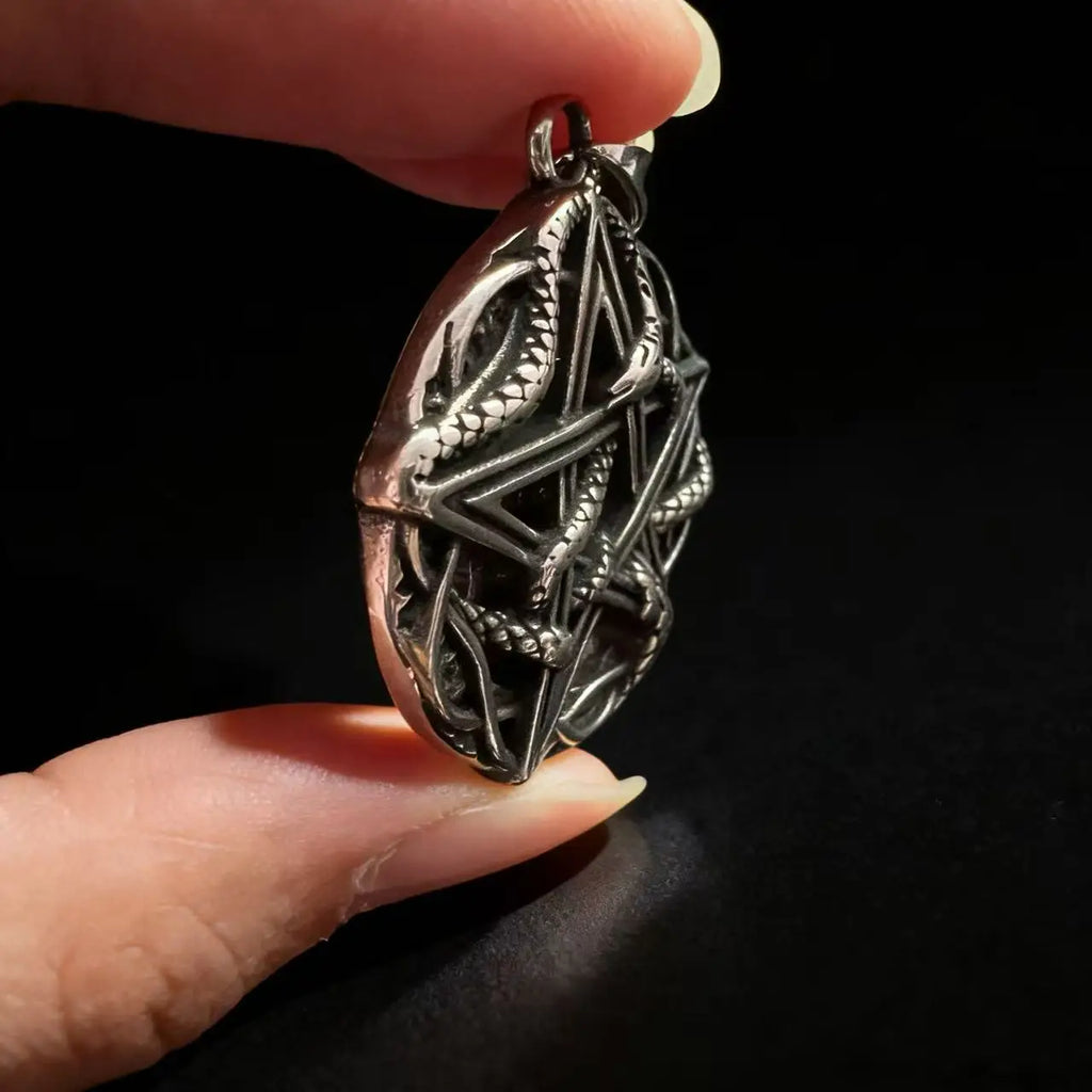 Rune Steel Pendant 316L Pentagram Snake Entwined