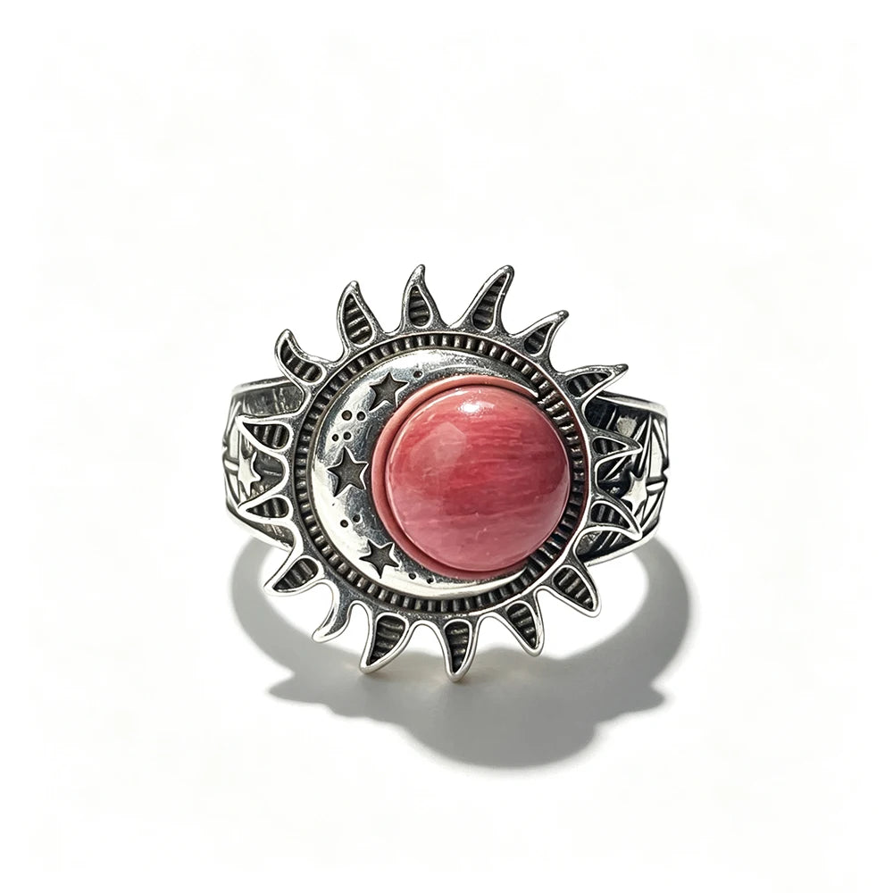 Sun Star Moon Cabochon Ring — Silver-Tone Bohemian