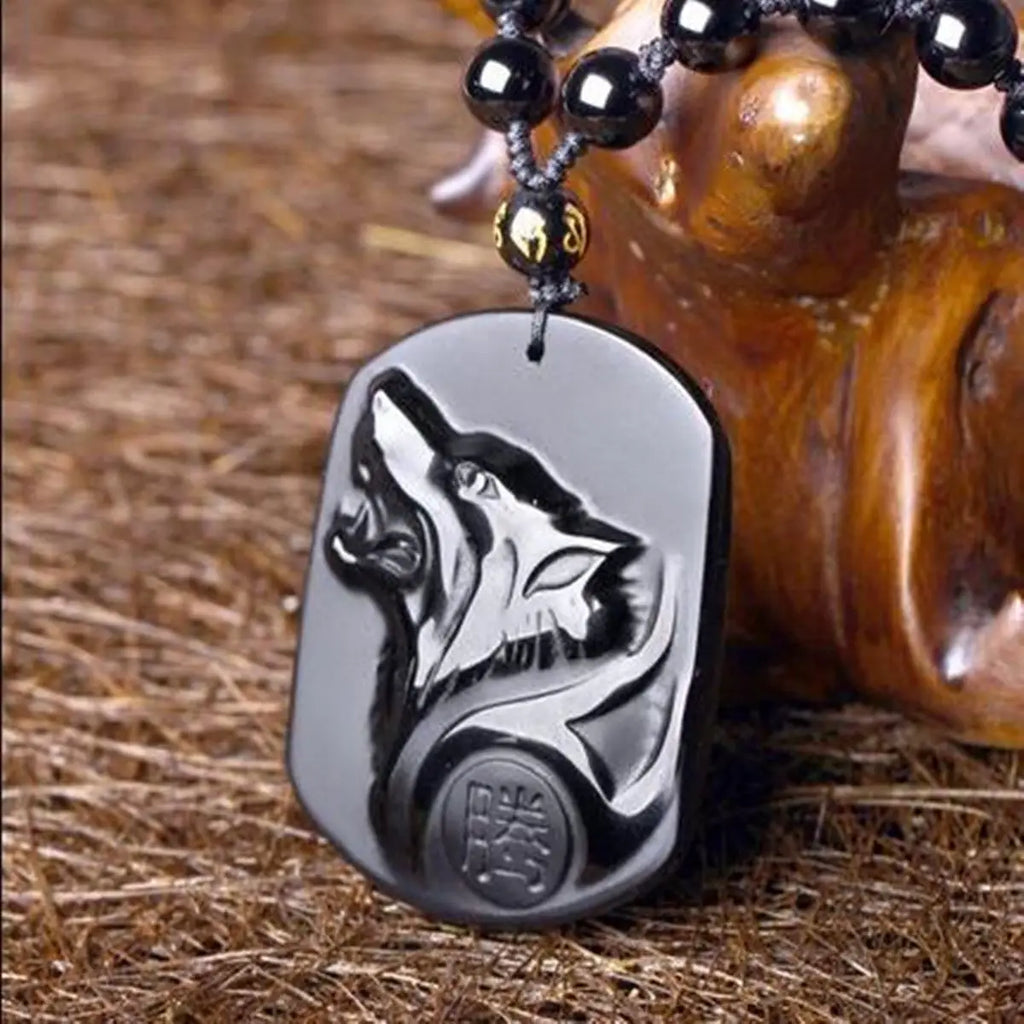 Obsidian Wolf Black Pendant Necklace