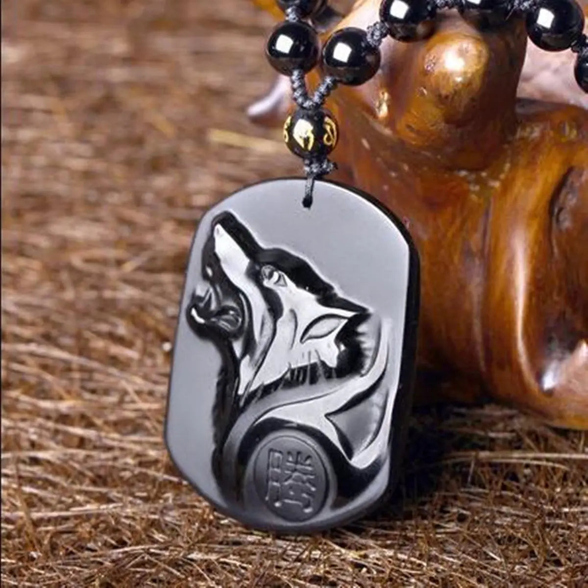 Obsidian Wolf Black Pendant Necklace