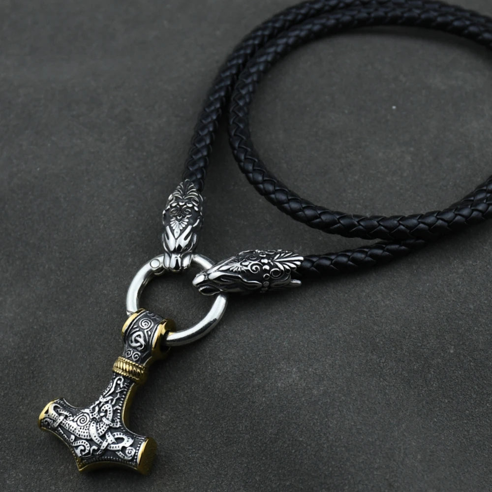 Men stainless steel Wolf head norse viking amulet thor hammer pendant necklace leather chain