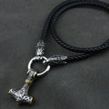 Men stainless steel Wolf head norse viking amulet thor hammer pendant necklace leather chain