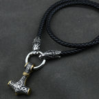 Men stainless steel Wolf head norse viking amulet thor hammer pendant necklace leather chain
