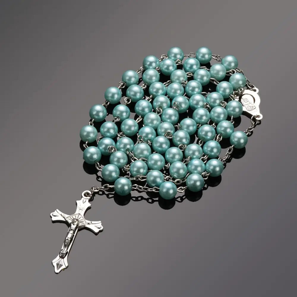Vintage Catholic Rosary Necklace — Glass Bead Crucifix Cross