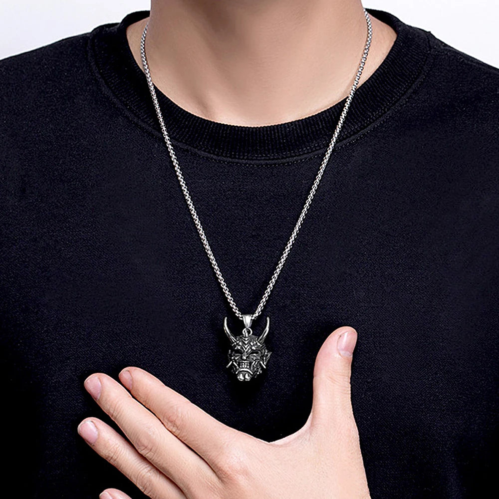 Vintage Japanese Prajina Demon Skull Mask Pendant Necklace For Men Boys Stainless Steel Hip Hop Rock Party Necklace Jewelry Gift