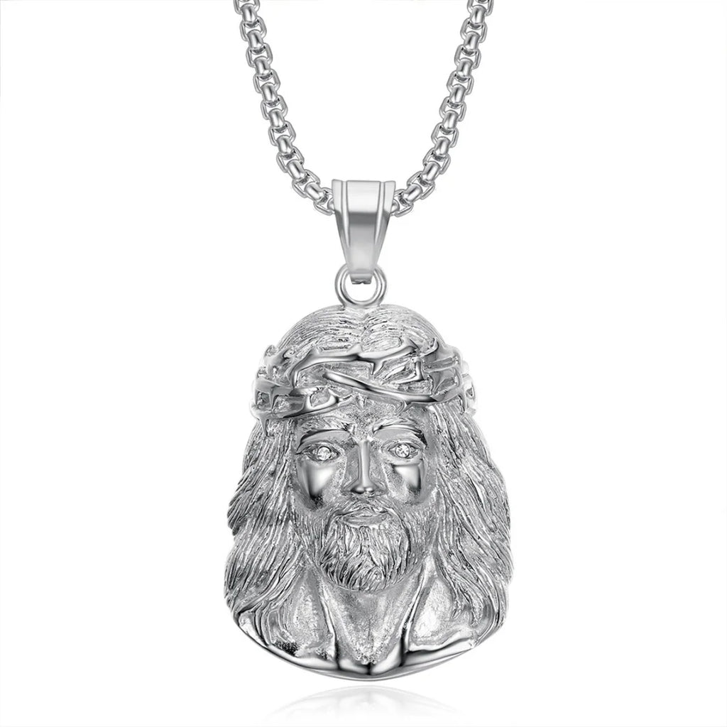Religious Iced Out Bling Christ Jesus Head Pendant Stainless Steel Cubic Zirconia Christian Necklace for Women Men