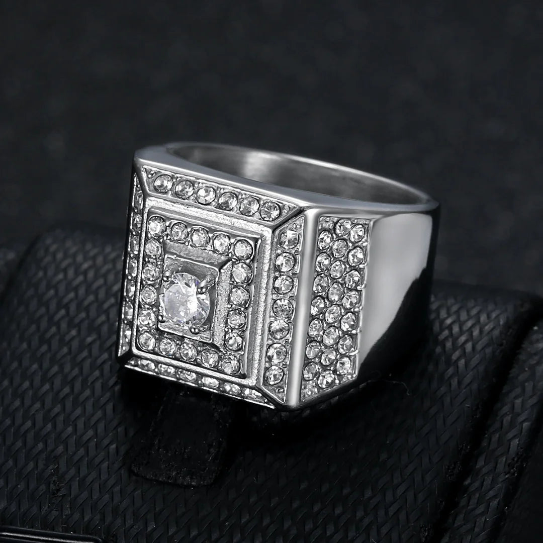 Iced Out Crystal Zircon Square Ring — Stainless Steel