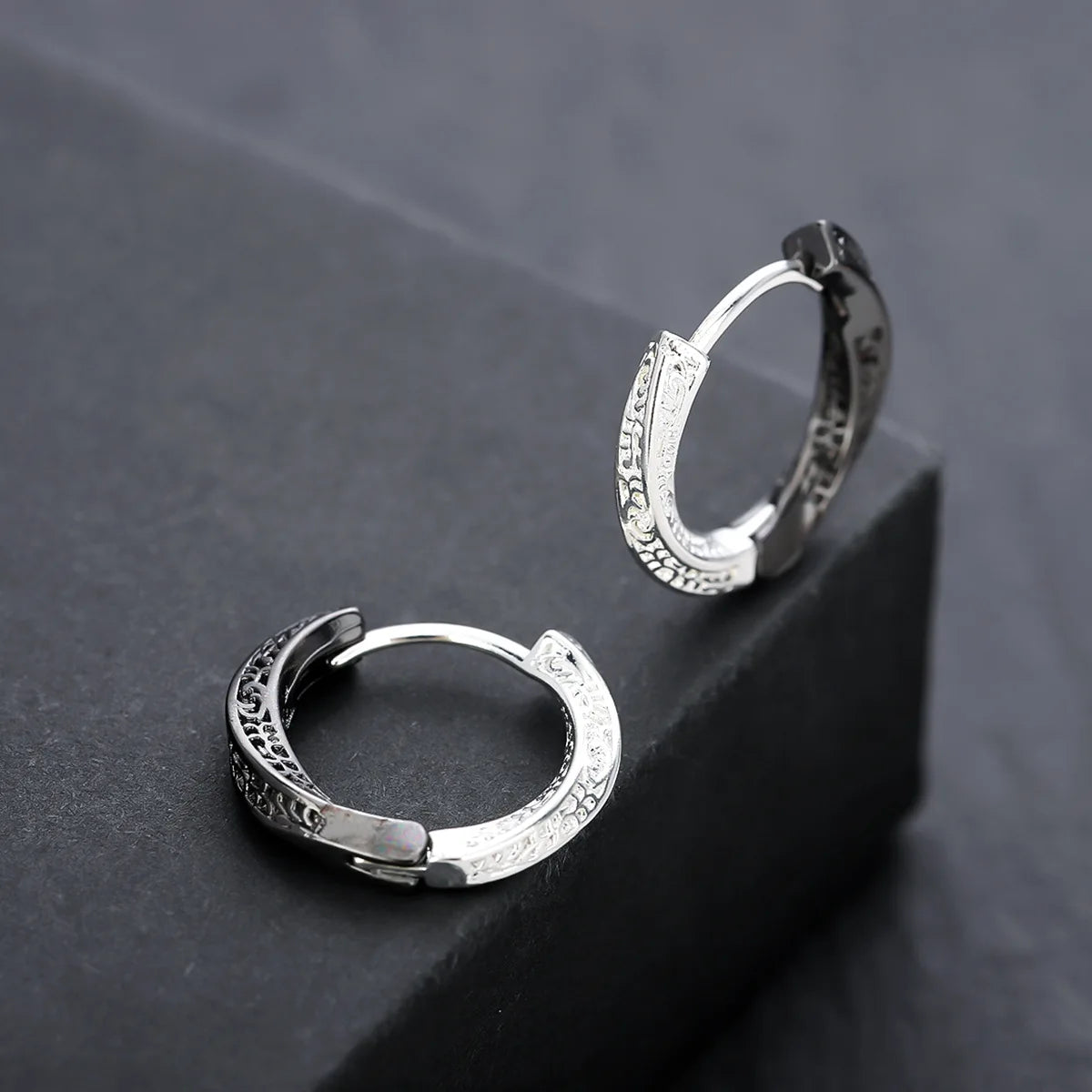 Gothic Embossed Scroll Click Hoop Earrings — Stainless Steel
