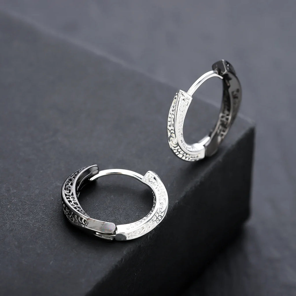 Vintage Embossed Scroll Click Hoop Earrings 316L Stainless Steel Snap Closure Waterproof Gothic Punk men Jewelry
